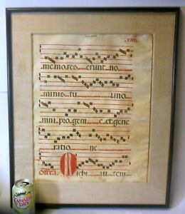 Antique Antiphonal Music Leaf Sheet Parchment 17th C Baroque Framed Art