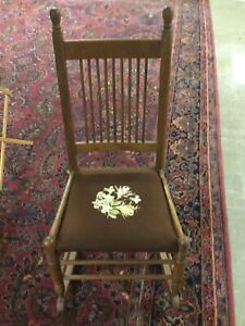 Antique Vintage Small Oak And Needlepoint Rocking Chair Rocker Sewing Child S
