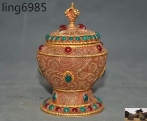 Rare Tibet Silver Filigree Gilt Inlay Gem Vajra Phurpa Tank Crock Bottle Pot Jar