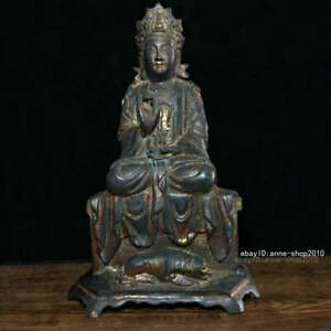 24 5cm Marked China Old Brass Bronze Copper Kwan Yin Buddha Buddhism Statue