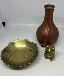 Lot Of 3 Vintage Brass Pieces Frog Shell Bowl Red Brass Vase Japanese