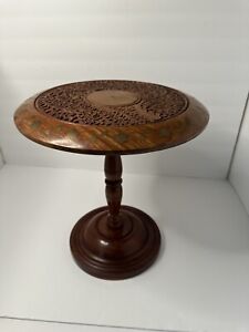 Hand Carved Wood Plant Cake Stand With Brass Leaf Inlay