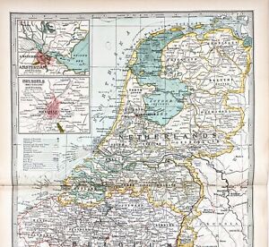 1897 Netherlands Belgium Map Amsterdam Brussels Bruges Antwerp Ghent Railroads