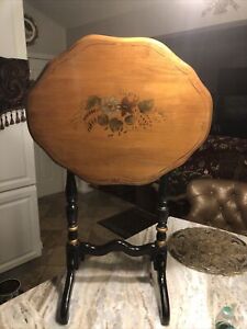 Mid Century Vintage Hand Painted Wood Tilt Top Candle Stand Table