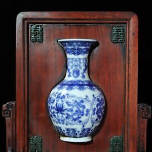 Chinese Collect Natural Rosewood Wood Screen Blue And White Porcelain Vase