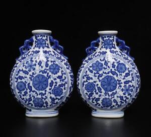 Pair Qianlong Signed Chinese Blue White Porcelain Vase W Flowers