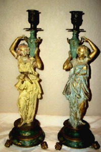 1890s Art Nouveau French Bronze Candle Holders Ladies Urns Chippy Gilt Old Paint