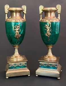 Russian Malachite Gilt Bronze Candlesticks Urn Form First Empire Style Pair