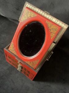 Antique Chinese Phoenix Painted Red Desk Chest Dresser Mirror Two Jewelry Drawer