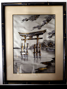 Original Watercolor Silk Japanese Painting Blk White Gold Bamboo Framed Signed