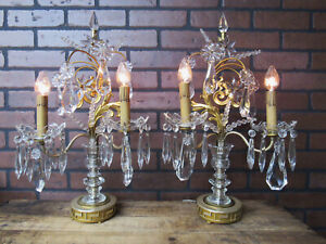 Antique 1920 S Pair Bronze Silver Plate Girondolas Lamps Lead Crystal