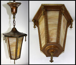Antique Victorian Slag Glass Pendant Ceiling Light Fixture Beaded Ridges Finials