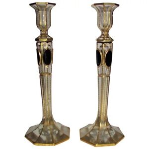 Pair Antique Moser Glass Ruby Cabochon Candlesticks Circa 1920 S