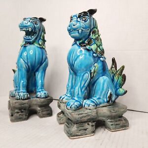 Antique Foo Dog Statue Blue Porcelain Chinese Fu Lion Pair Guardian 10 