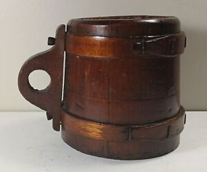 Antique Folk Art 2 Banded Handled Wooden Grain Measure Cup