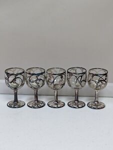 Antique Victorian Sterling Silver Over Glass Cordial Shot Goblet Set Perfume Era
