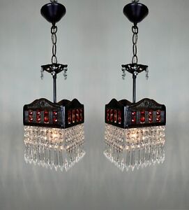Pair Of Antique Vintage Small Chandelier Lighting French Brass Crystal Lamps