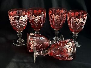 Antique 1920th Bohamian Set Of 6 Red Color Glass Wine Goblets Enamel Flowers