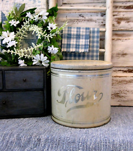 Lg Early Antique Tin Flour Canister Original Cream Paint W Gold Stencils