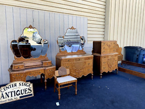 64898 Antique Walnut Bedroom Set High Chest Dresser W Mirror Vanity Bed