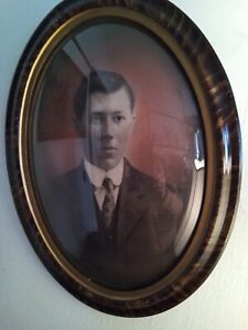 Antique Tiger Wood Picture Frame Convex Bubble Glass Oval Handsome Man