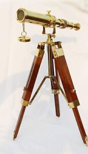 Adjustable Tripod Antique Style Wood Tripod Solid Shiny Brass Telescope Handmade