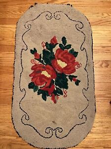 Antique Vintage American Hooked Rug Floral 43 X 24 Oval Rose Vintage Folk Art